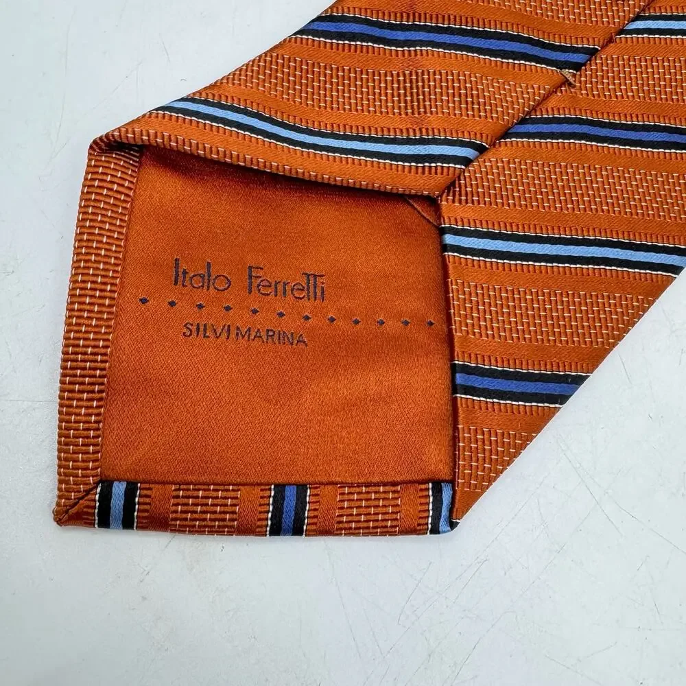 NWT ITALO FERRETTI Silk Orange & Blue Striped Neck Tie